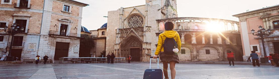 A student carrying luggage approaches a 欧洲 City